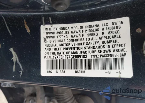 2016 Honda Civic Ex-L from USA, damaged, VIN 19XFC1F74GE009183